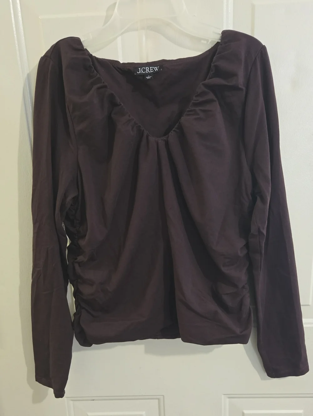 J. Crew Chocolate Brown Ruched V-Neck Knit Long Sleeve Cotton Stretch Top L Fall